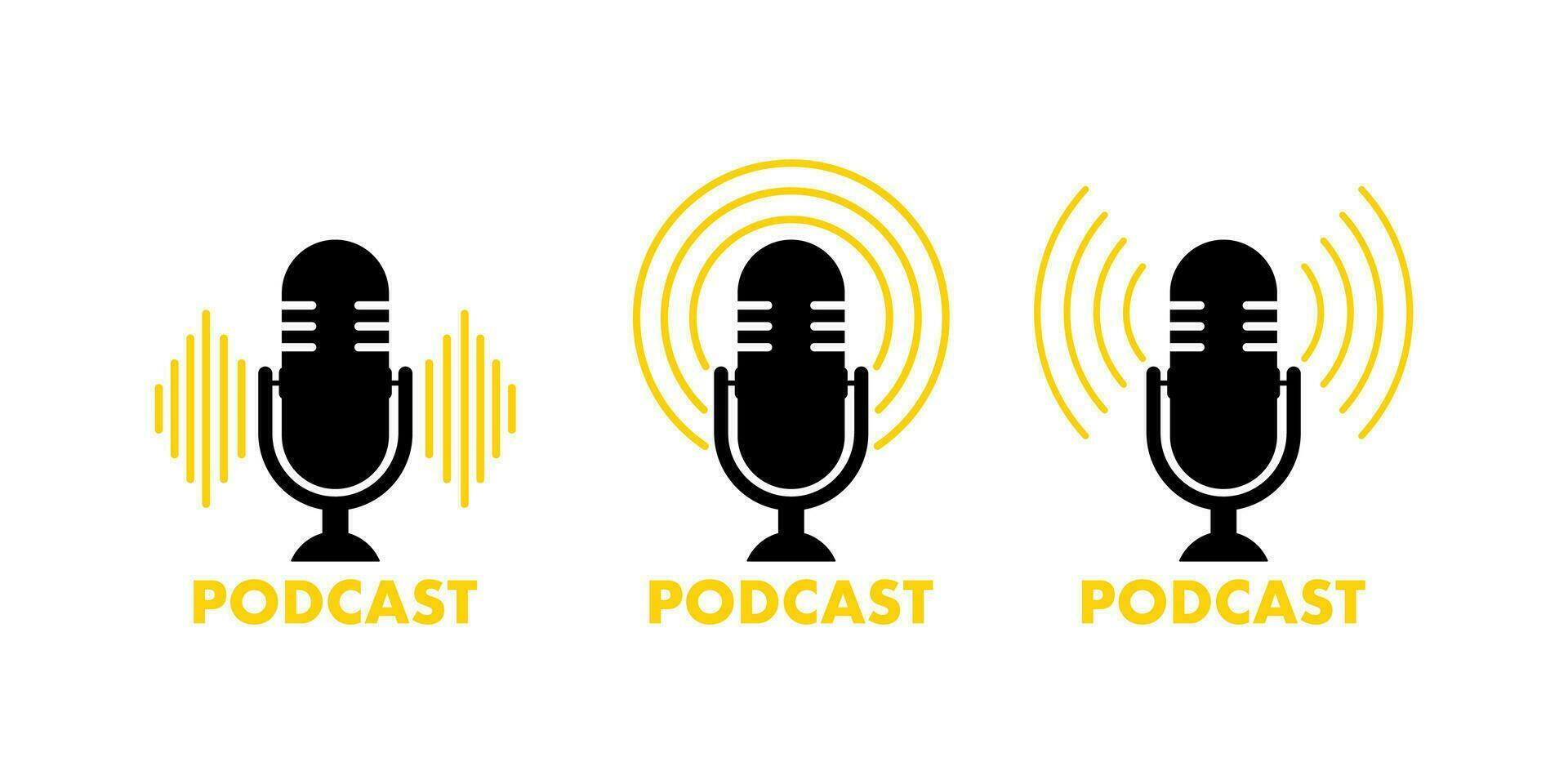 Podcast radio icon, label. Studio microphone, broadcast. Creative podcast. Vector stock illustration.