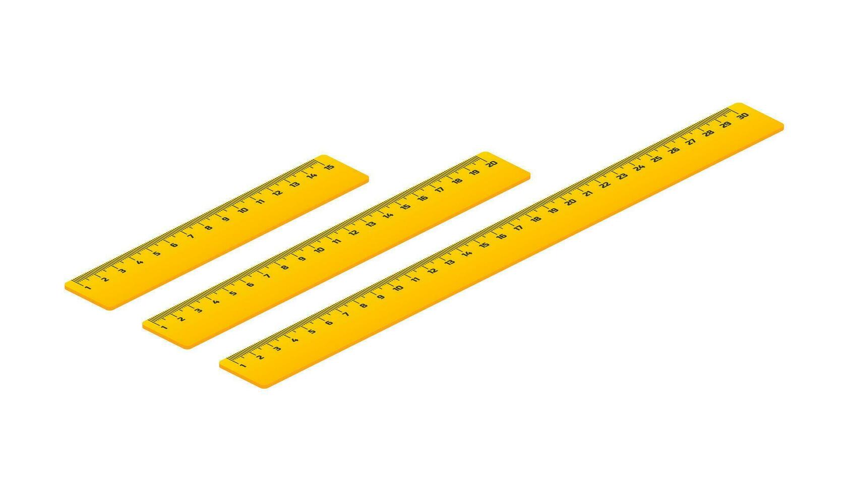 Isometric set of wooden rulers 15, 20 and 30 centimeters with shadows isolated on white. Measuring tool. School supplies. Vector stock illustration.