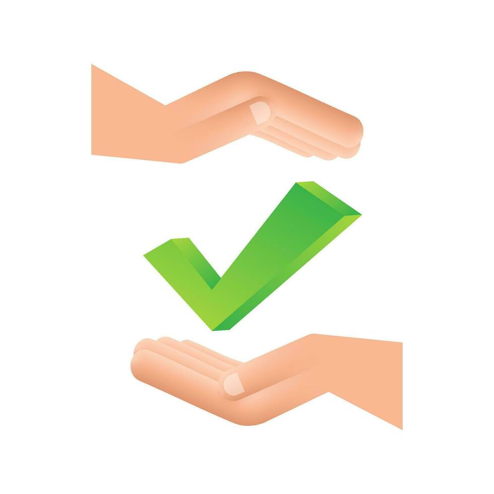 Check mark hanging over hands. Green approved star sticker on white background. Motion graphics 4k vector