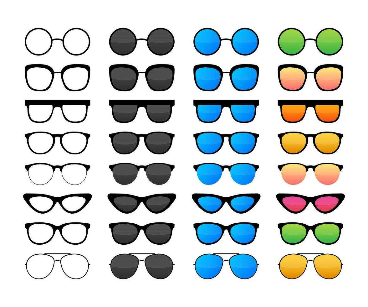 Colored Sunglass frame set isolated on white background. Vector illustration.