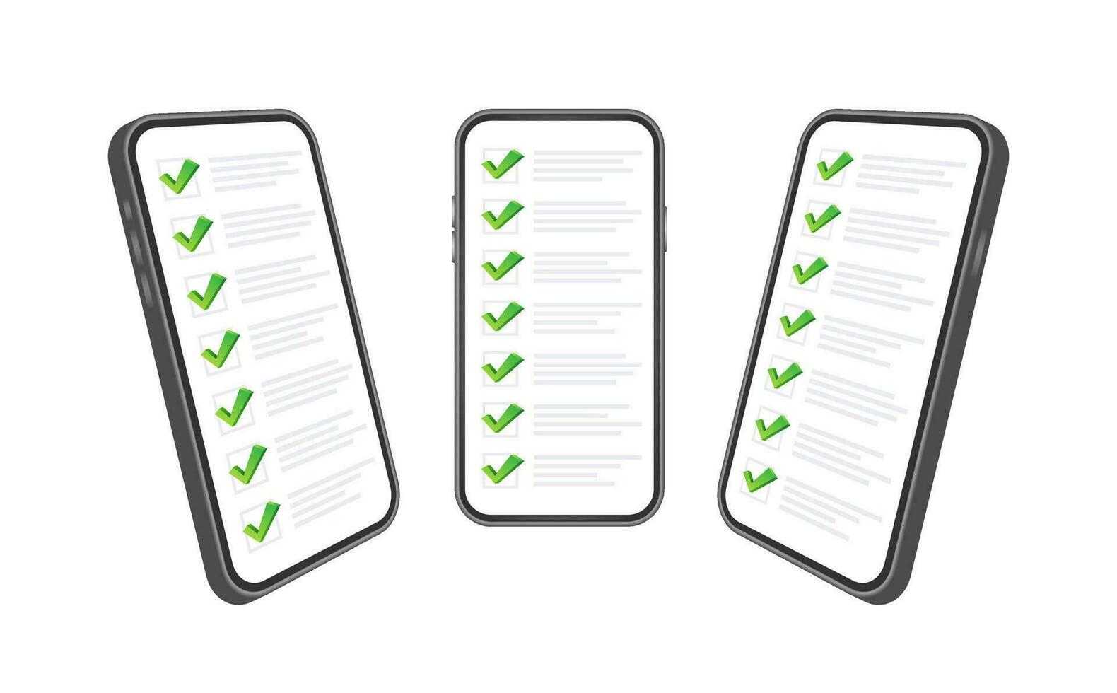 Green check list smartphone. Survey vector illustration. Green tick. Flat check list smartphone for web design. Customer service.