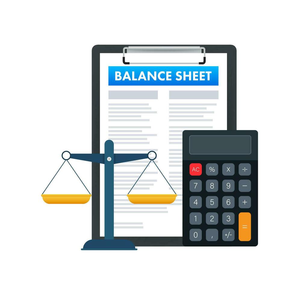 Clipboard with Balance sheet with calculator. Financial reports statement and documents. Vector stock illustration.