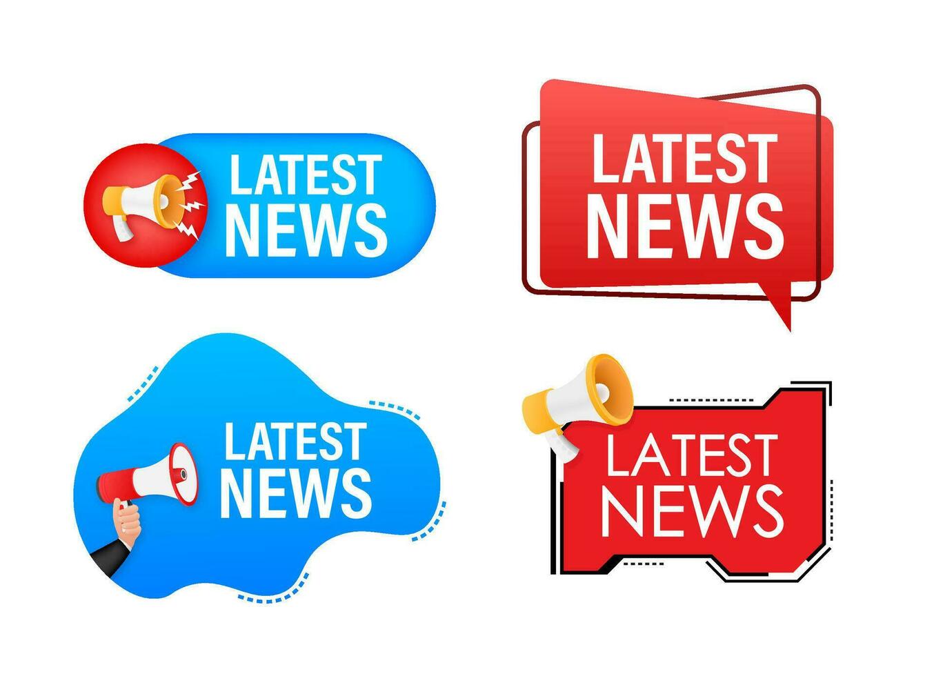 Megaphone label set with text Latest news. Megaphone in hand promotion banner. Marketing and advertising vector
