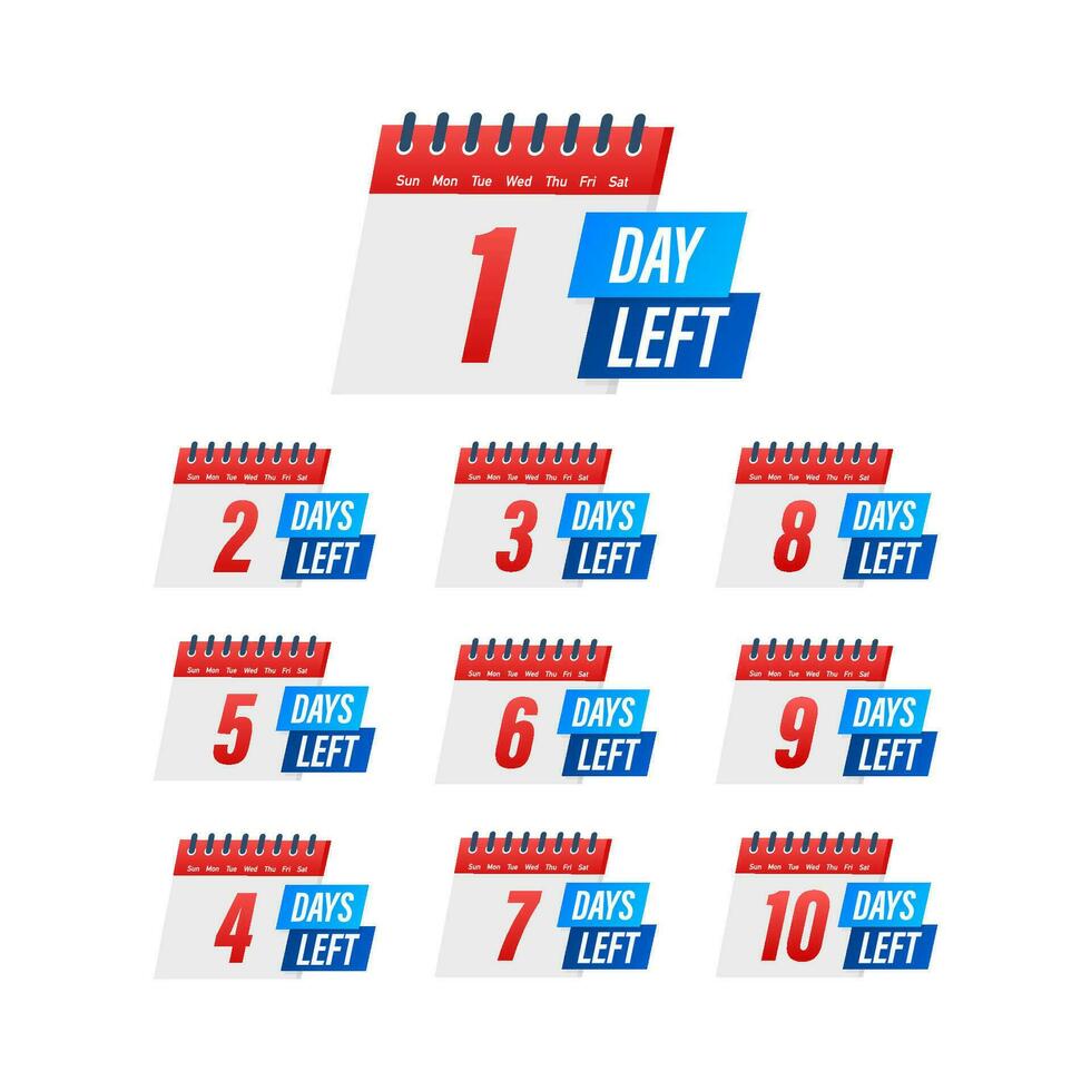 Days countdown. Days to go 1 2 3 4 5 6 7 8 9 10. The days left badges set. Product limited promo vector