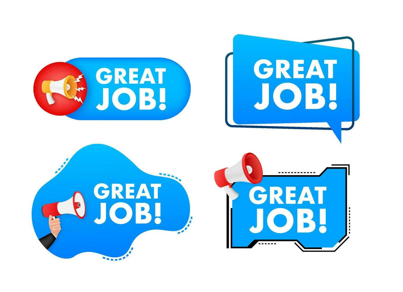 Megaphone label set with text great job. Megaphone in hand promotion banner. Marketing and advertising vector
