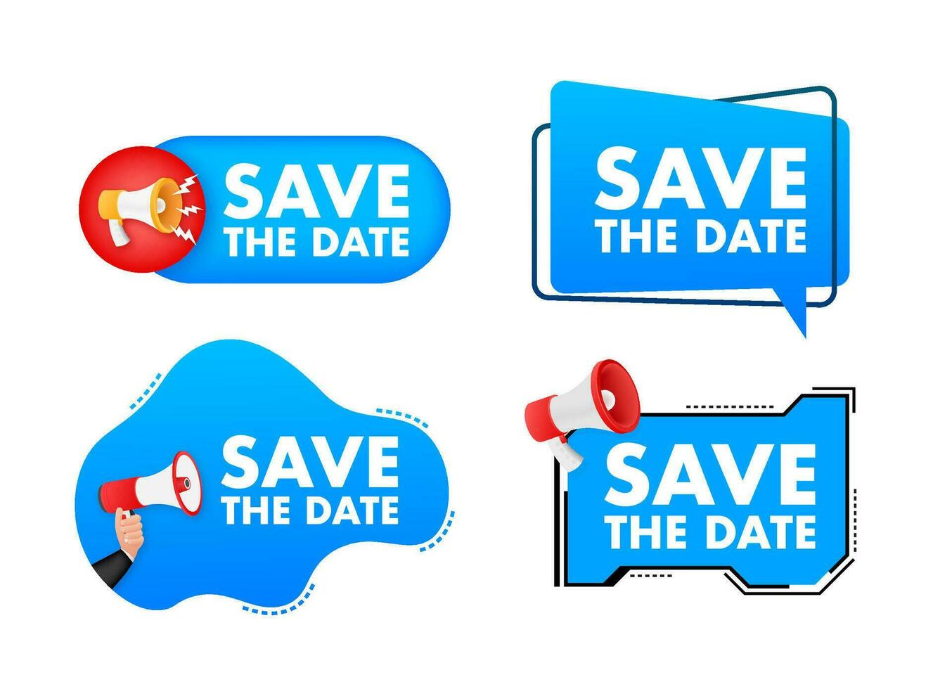 Megaphone label set with text Save the date. Megaphone in hand promotion banner. Marketing and advertising vector