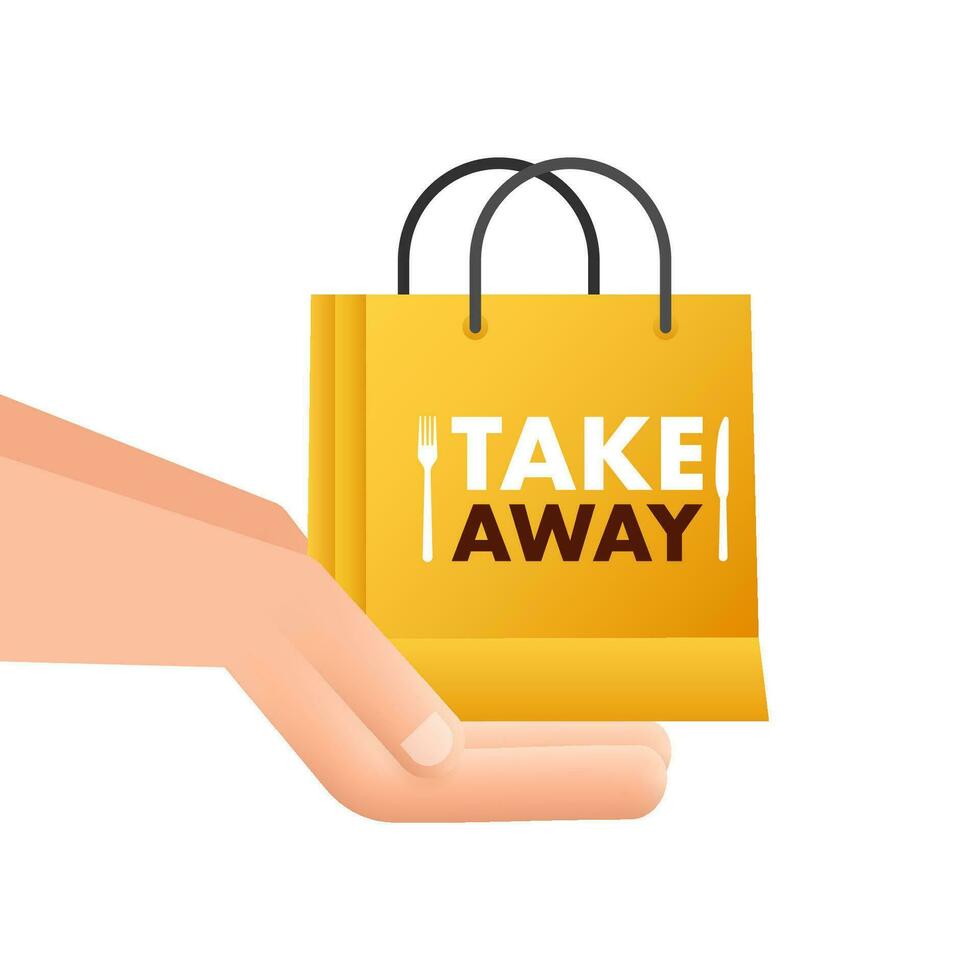 Take away Bag and hand sign, label. Take out food icon. Vector stock illustration