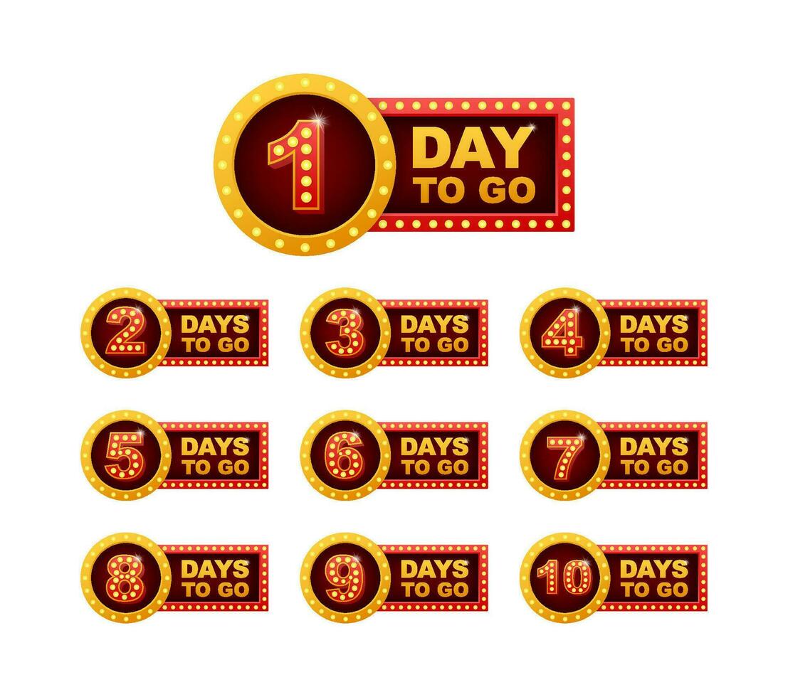 Days countdown light box. Days to go 1 2 3 4 5 6 7 8 9 10. The days left badges set. Product limited promo vector