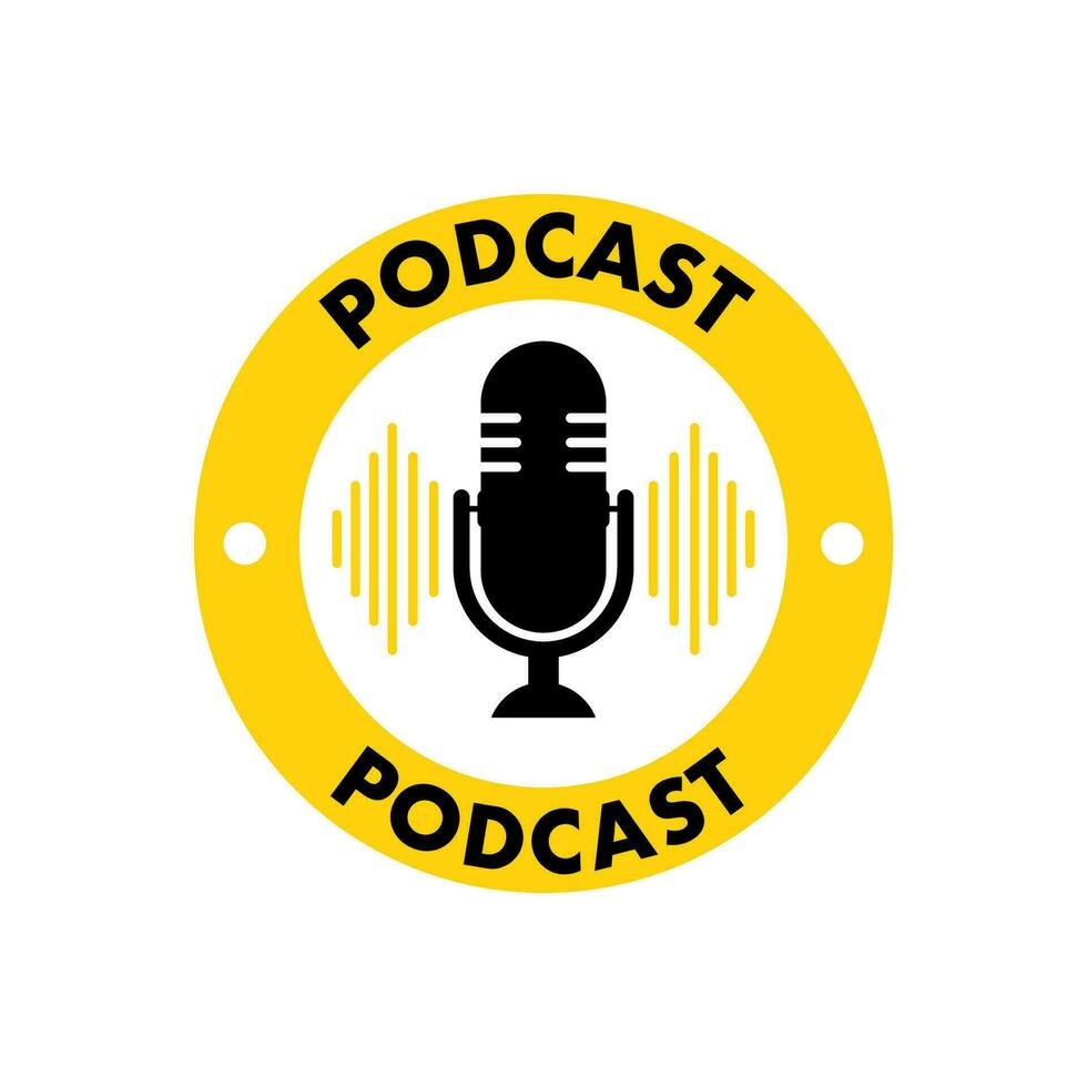 Podcast radio icon, label. Studio microphone, broadcast. Creative podcast. Vector stock illustration.
