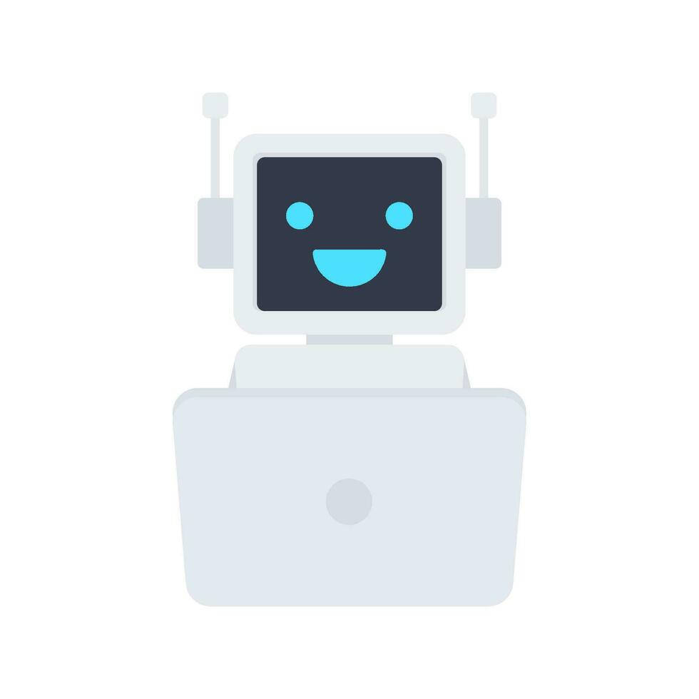 Chat Bot Using Laptop Computer, Robot Virtual Assistance Of Website Or Mobile Applications. Voice support service bot. Online support bot. Vector illustration.