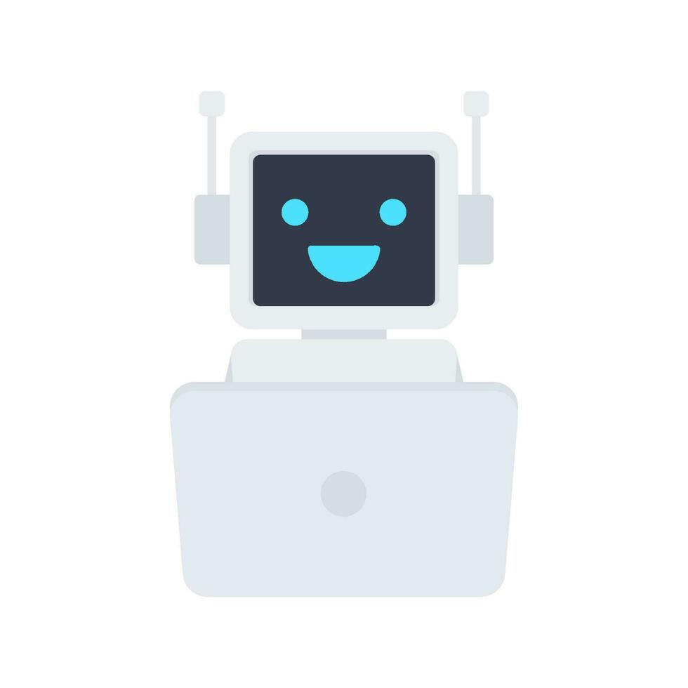 Chat Bot Using Laptop Computer, Robot Virtual Assistance Of Website Or Mobile Applications. Voice support service bot. Online support bot. Vector illustration.