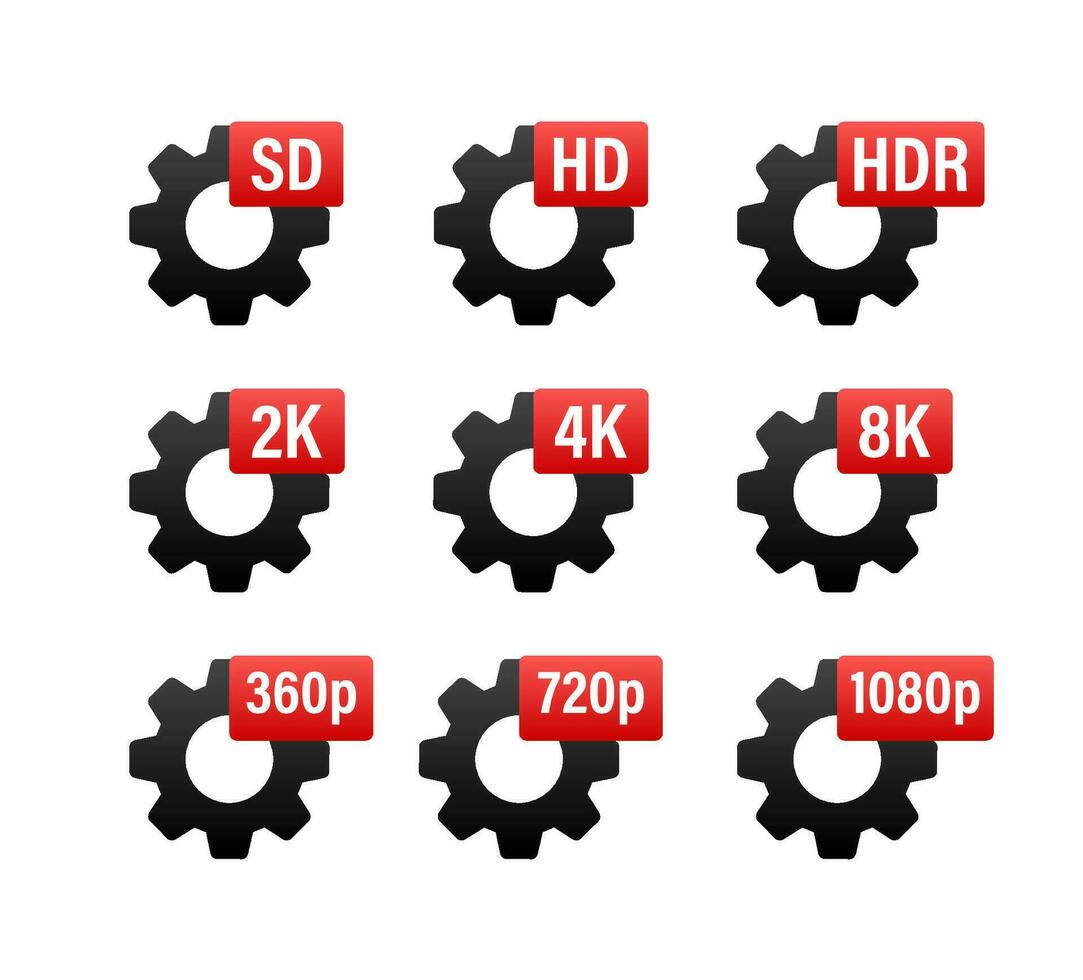 Video resolution labels. 360 720p 1080p 2k 4k 6k 8k HDR. vector