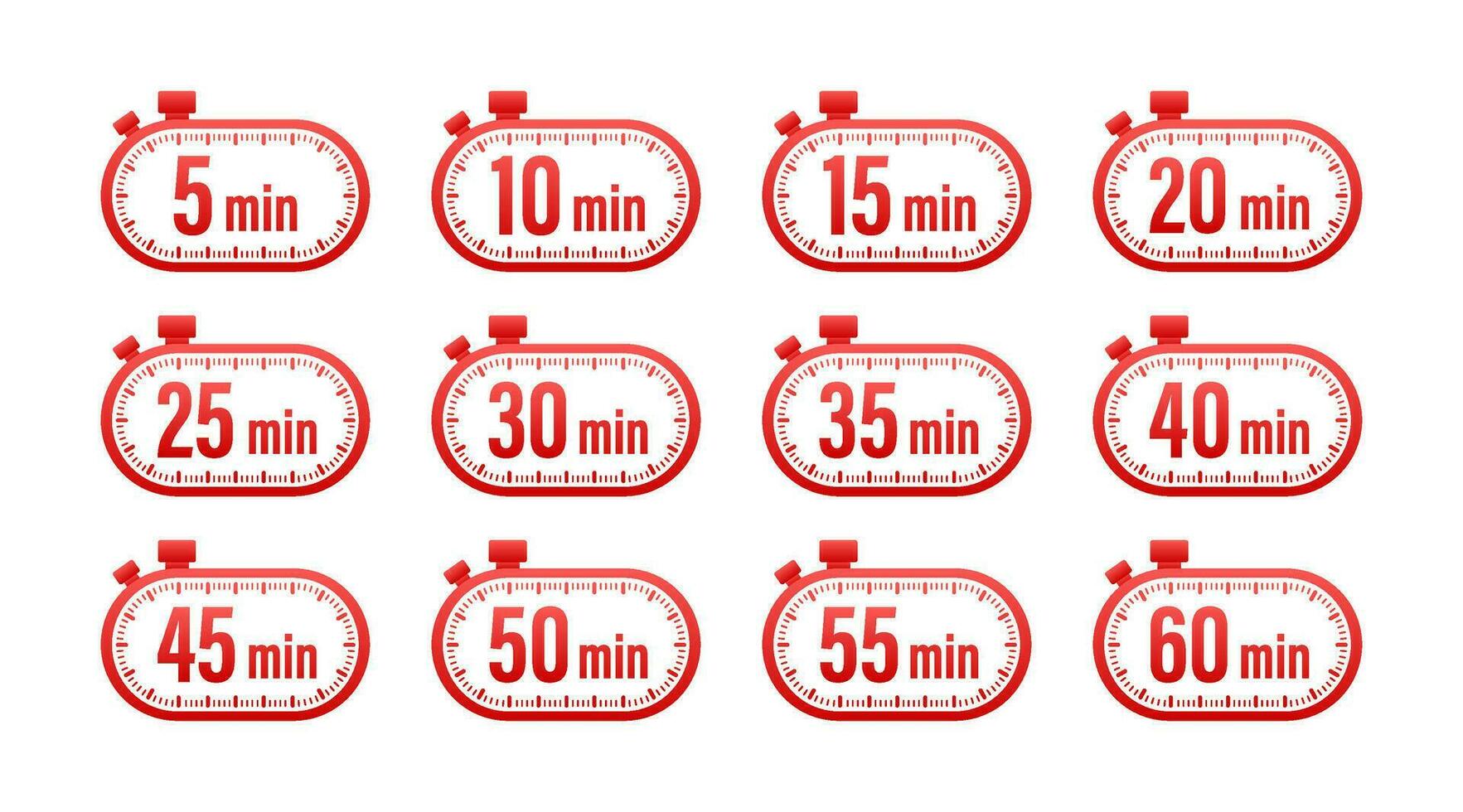 Timer, stopwatch icons set 10 20 30 40 50 60 minutes. Cooking time. vector