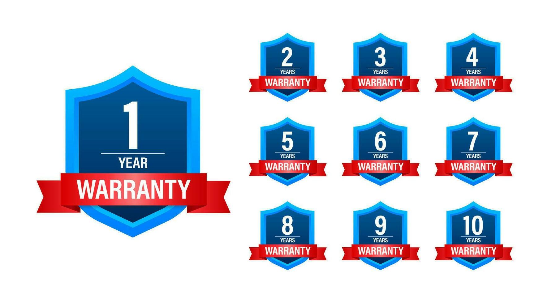 Warranty shield label set. Years and lifetime warranty vector