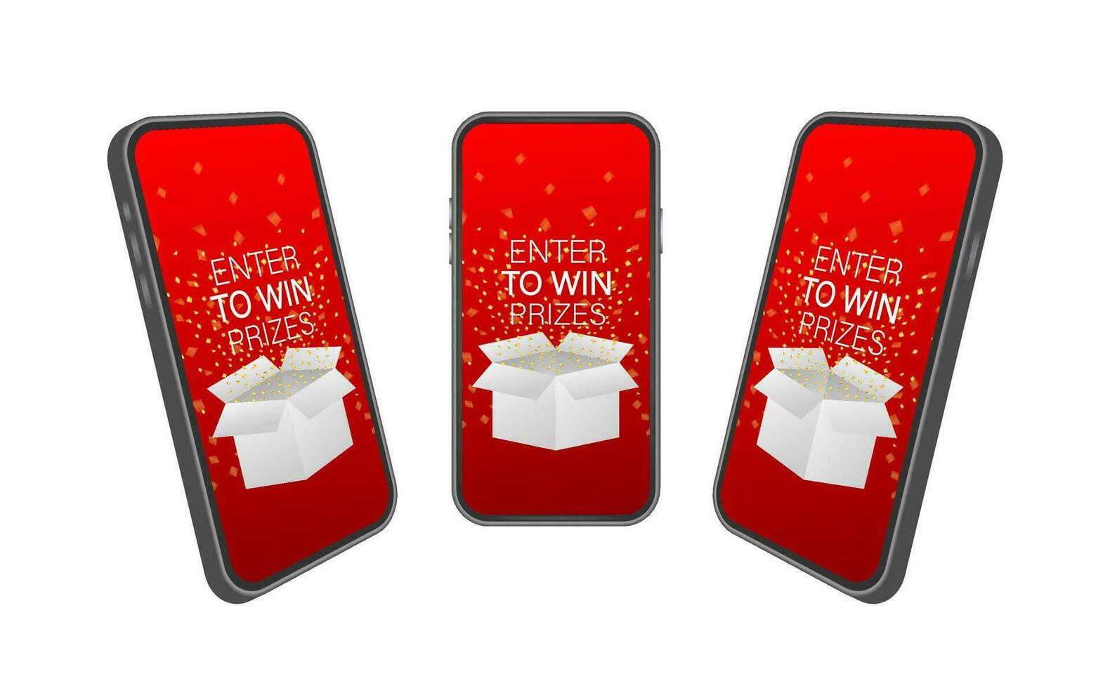 Enter to Win Prizes on smartphone screen. Open Red Gift Box and Confetti. Vector stock Illustration.