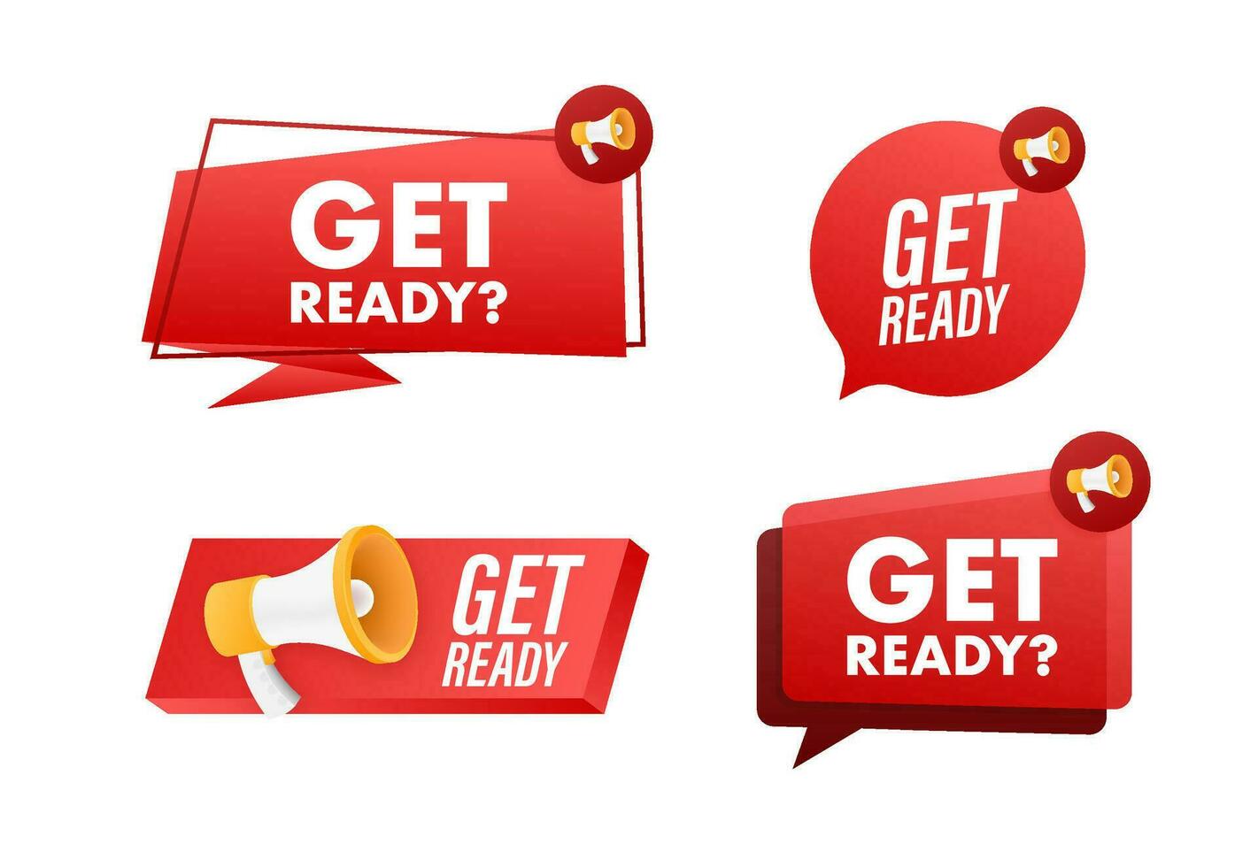 Megaphone label set with text get ready. Megaphone in hand promotion banner. Marketing and advertising vector