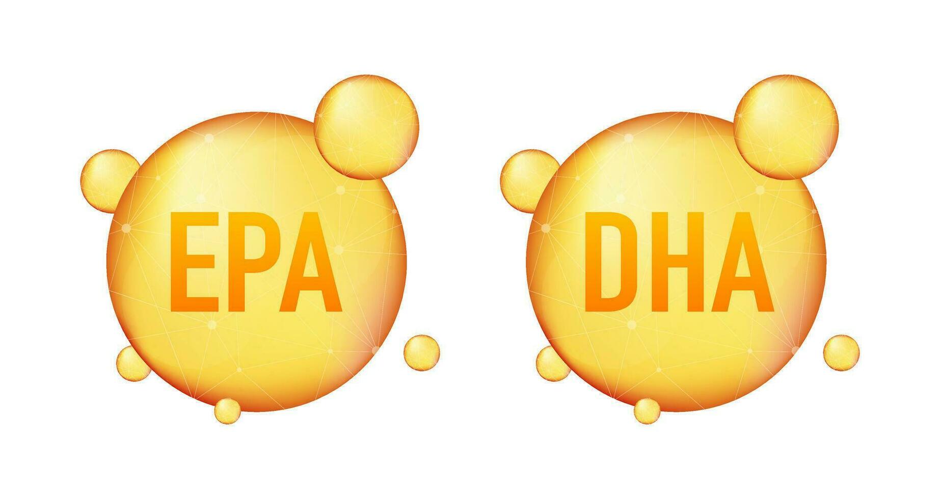 EPA, DHA Vector Drops Set. Omega Three. Organic Vitamin. Vector illustration.