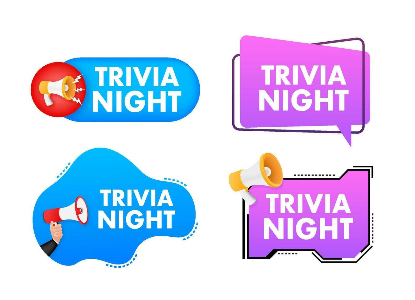 Megaphone label set with text trivia night. Megaphone in hand promotion banner. Marketing and advertising vector