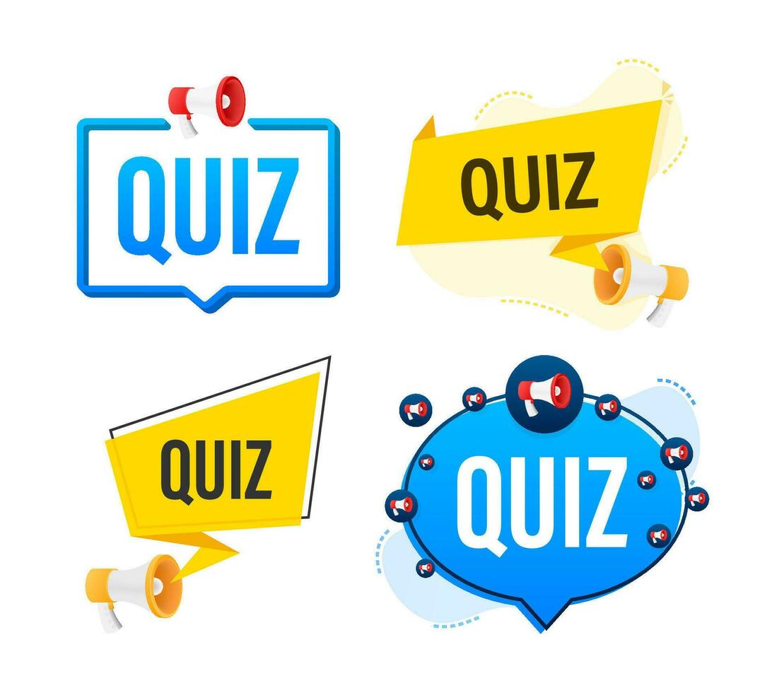 Megaphone label set with text quiz. Megaphone in hand promotion banner. Marketing and advertising vector