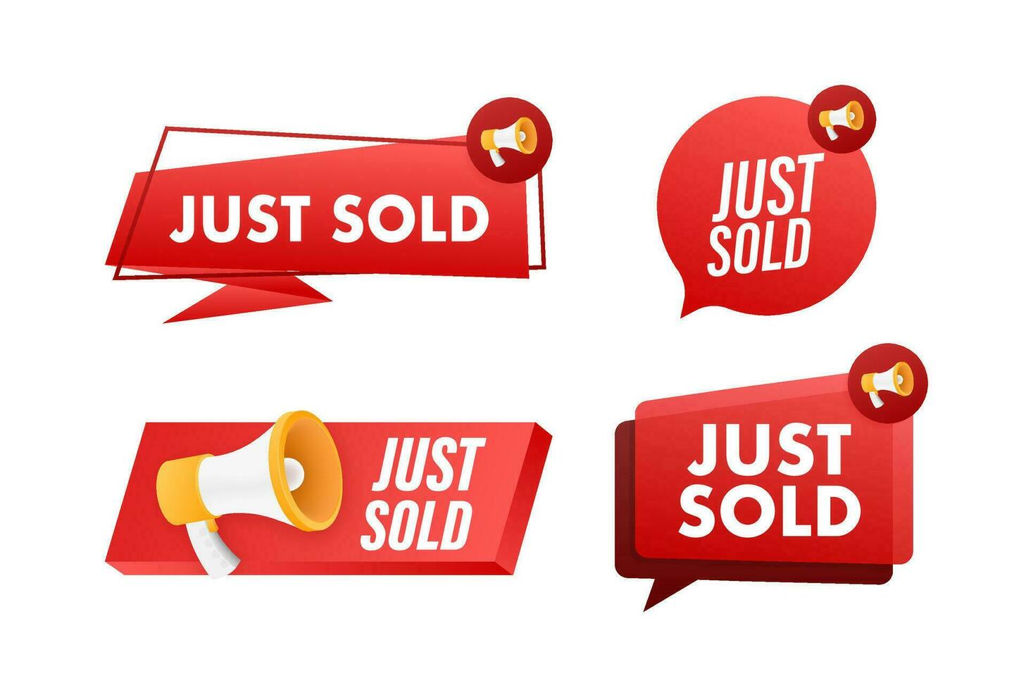 Megaphone label set with text just sold. Megaphone in hand promotion banner. Marketing and advertising vector