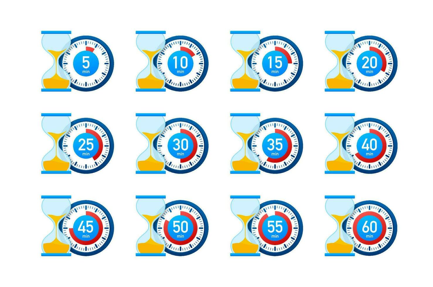 Timer, stopwatch icons set 10 20 30 40 50 60 minutes. Cooking time. vector