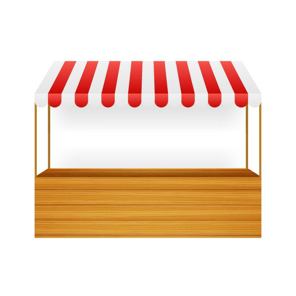 Template shopping stand with red and white striped awning, mock up. Vector stock illustration.
