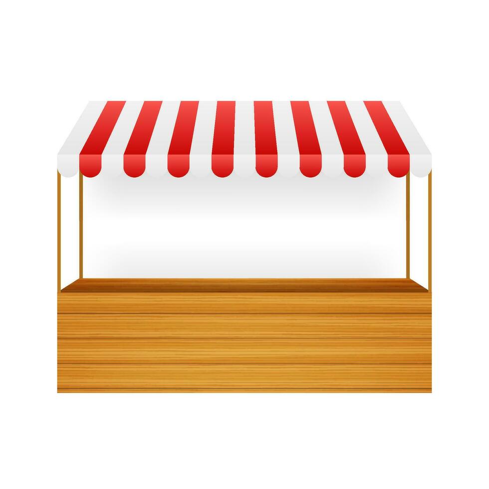 Template shopping stand with red and white striped awning, mock up. Vector stock illustration.