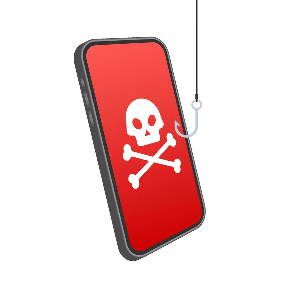 Data Phishing with fishing hook, mobile phone, internet security. Vector stock illustration.