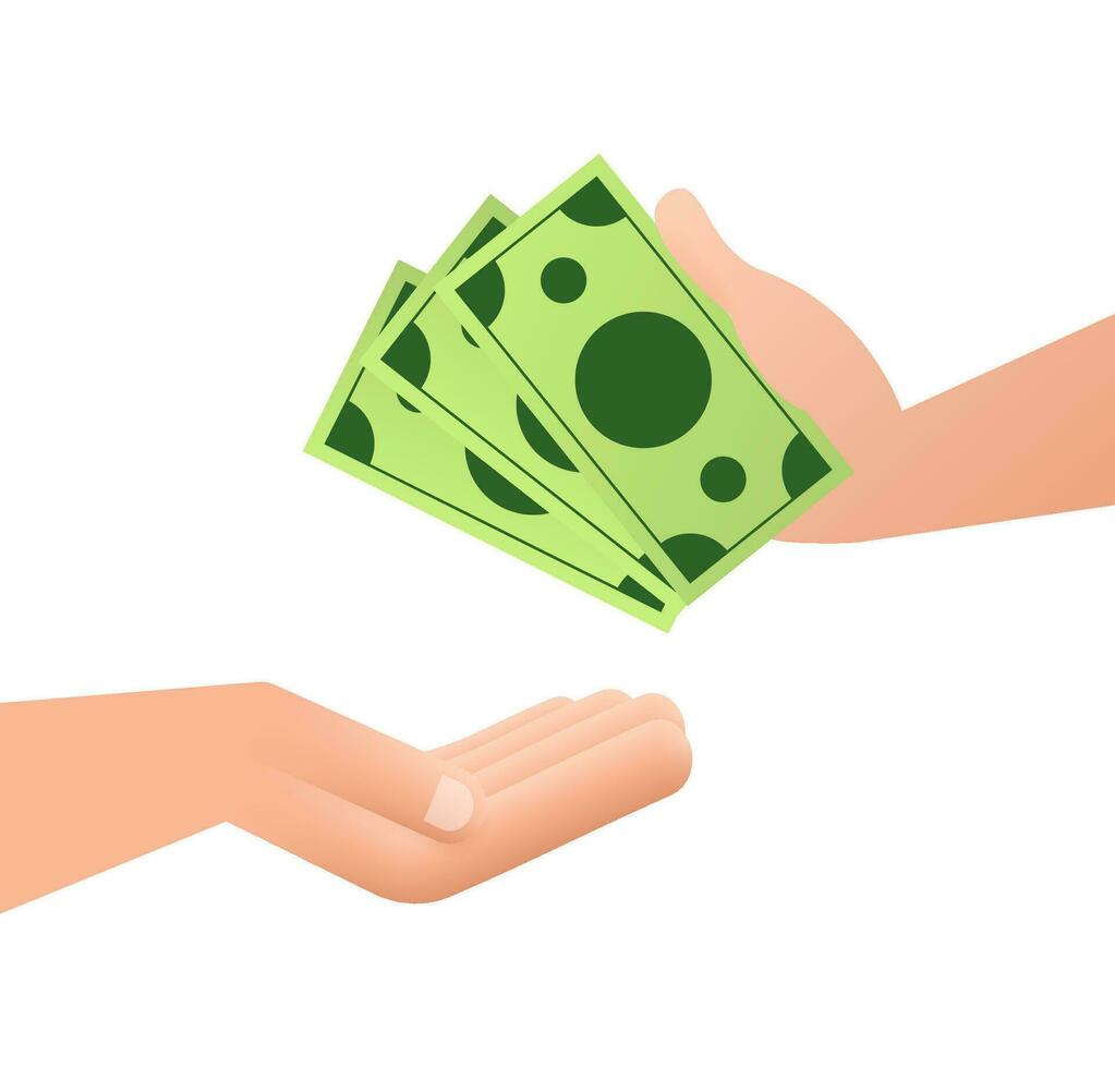 The hand is giving money to the other hand. Pay for something. Paying Cash. Vector stock illustration.