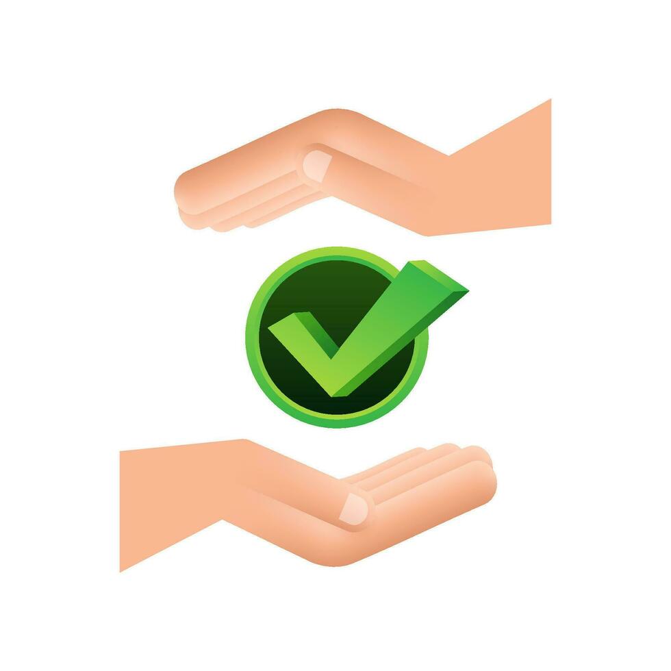 Check mark hanging over hands. Green approved star sticker on white background. Motion graphics 4k vector