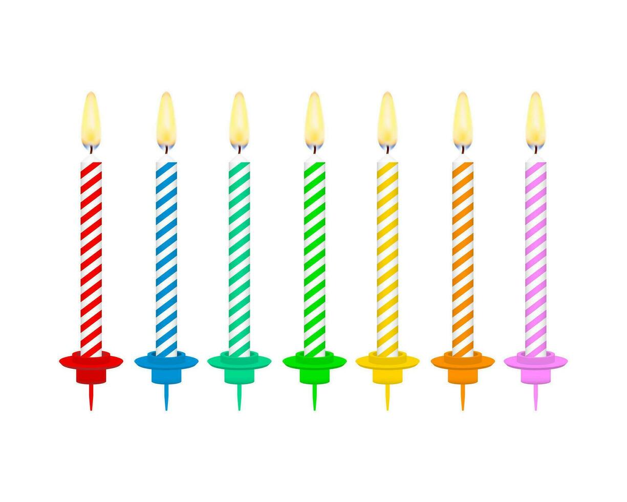Candles with burning flames of wax paraffin. Birthday cake candles. Vector stock illustration.