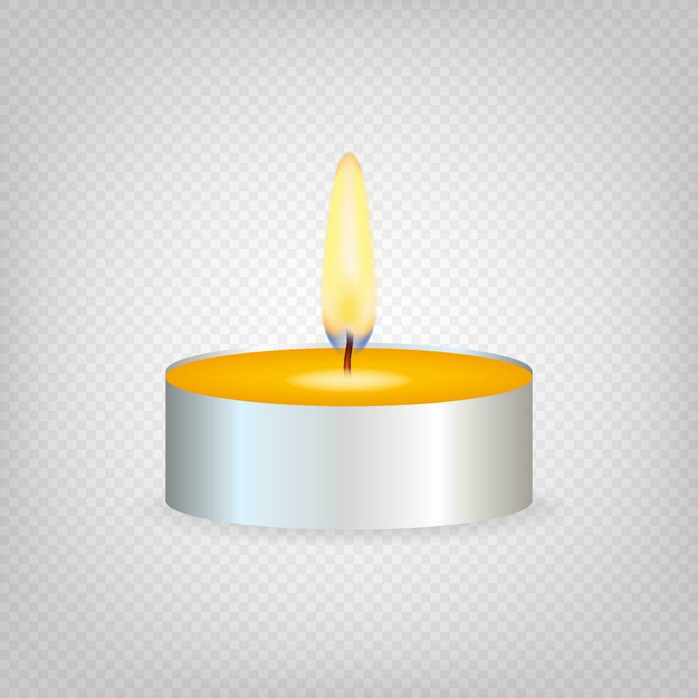 Tea candle or candle in a case. Realistic candle light or tea light flame icon. Vector stock illustration