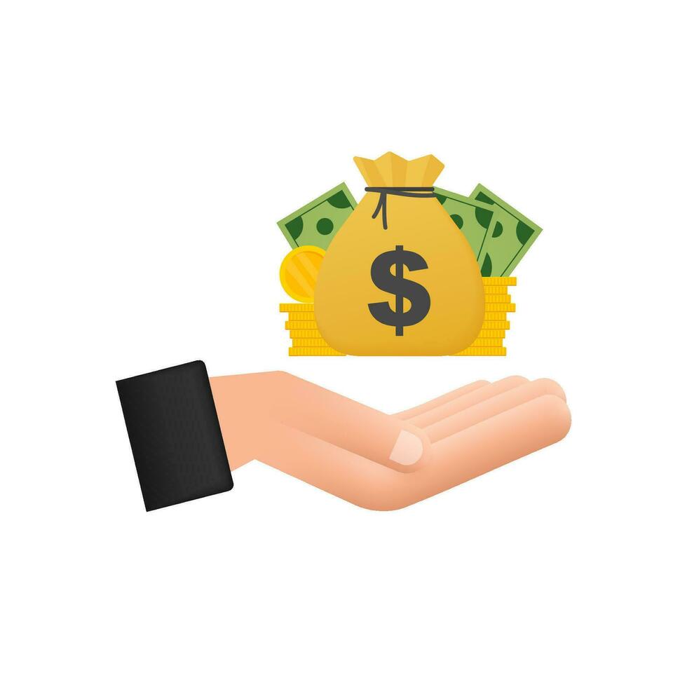 Hand with money bag bill and coin finance icons. Business financial investment. Motion graphics background 4k vector