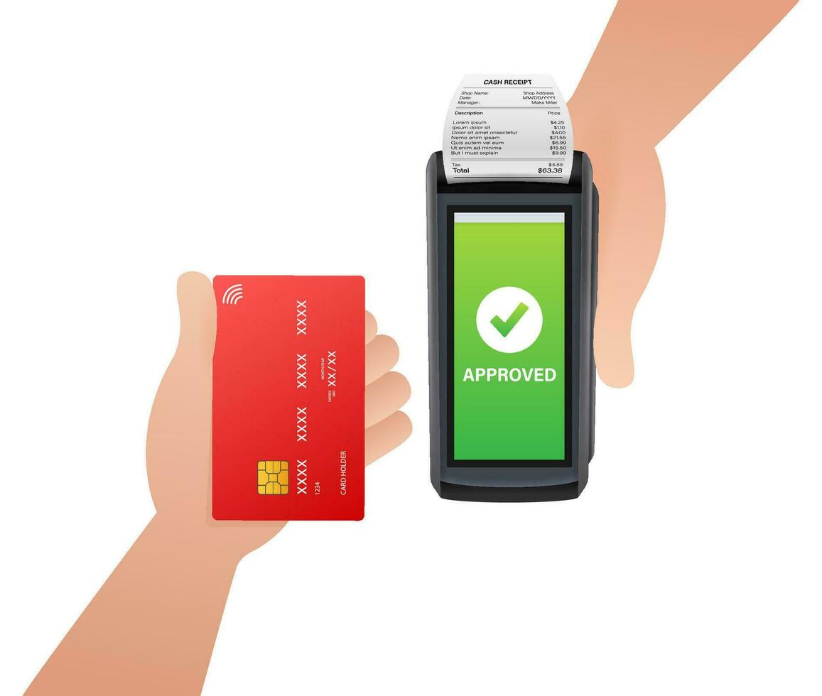 POS Terminal, Paper Receipt. Approved, Rejected Payment. Hand holding bank card. NFC Payments Device. vector