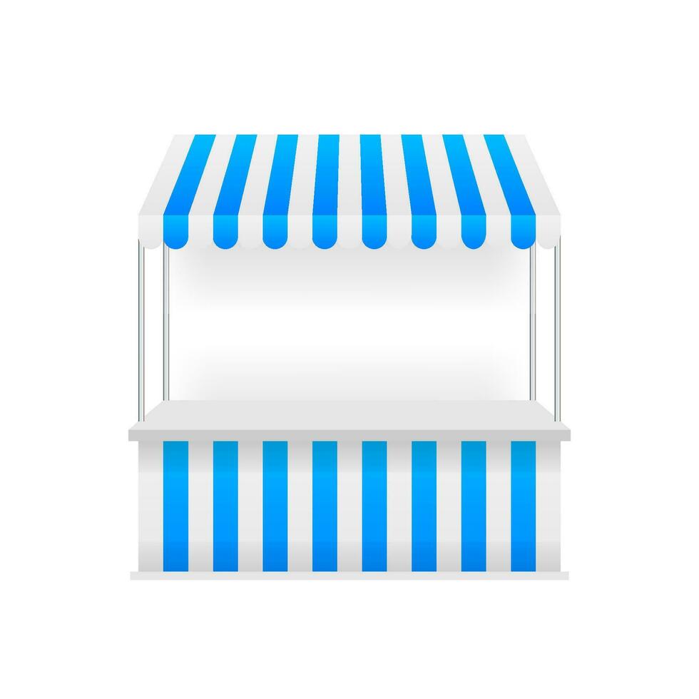 Template shopping stand with red and white striped awning, mock up. Vector stock illustration.