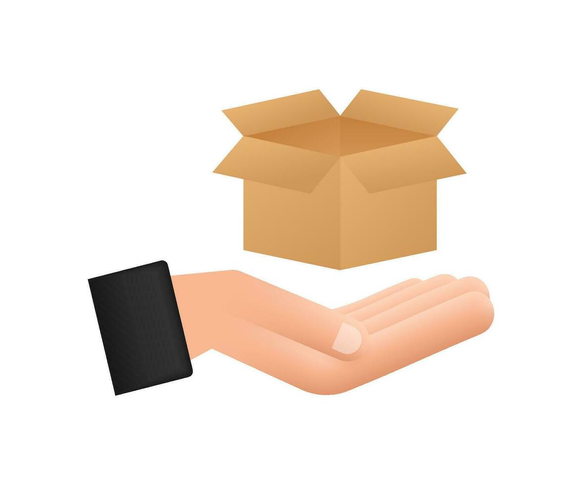 caja de cartón paquete o empaquetar abierto caja en manos. Envío entrega símbolo. regalo caja icono. movimiento gráficos 4k vector