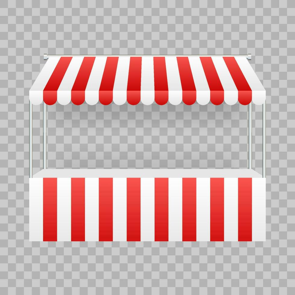 Template shopping stand with red and white striped awning, mock up. Vector stock illustration.