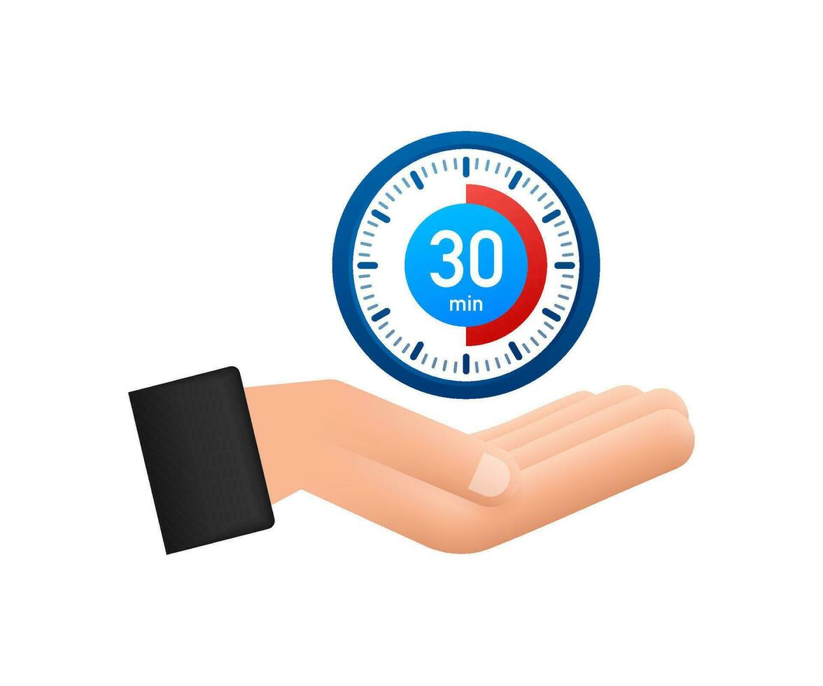 The 30 minutes, stopwatch with hands icon. Stopwatch icon in flat style, timer on on color background. Motion graphics 4k vector