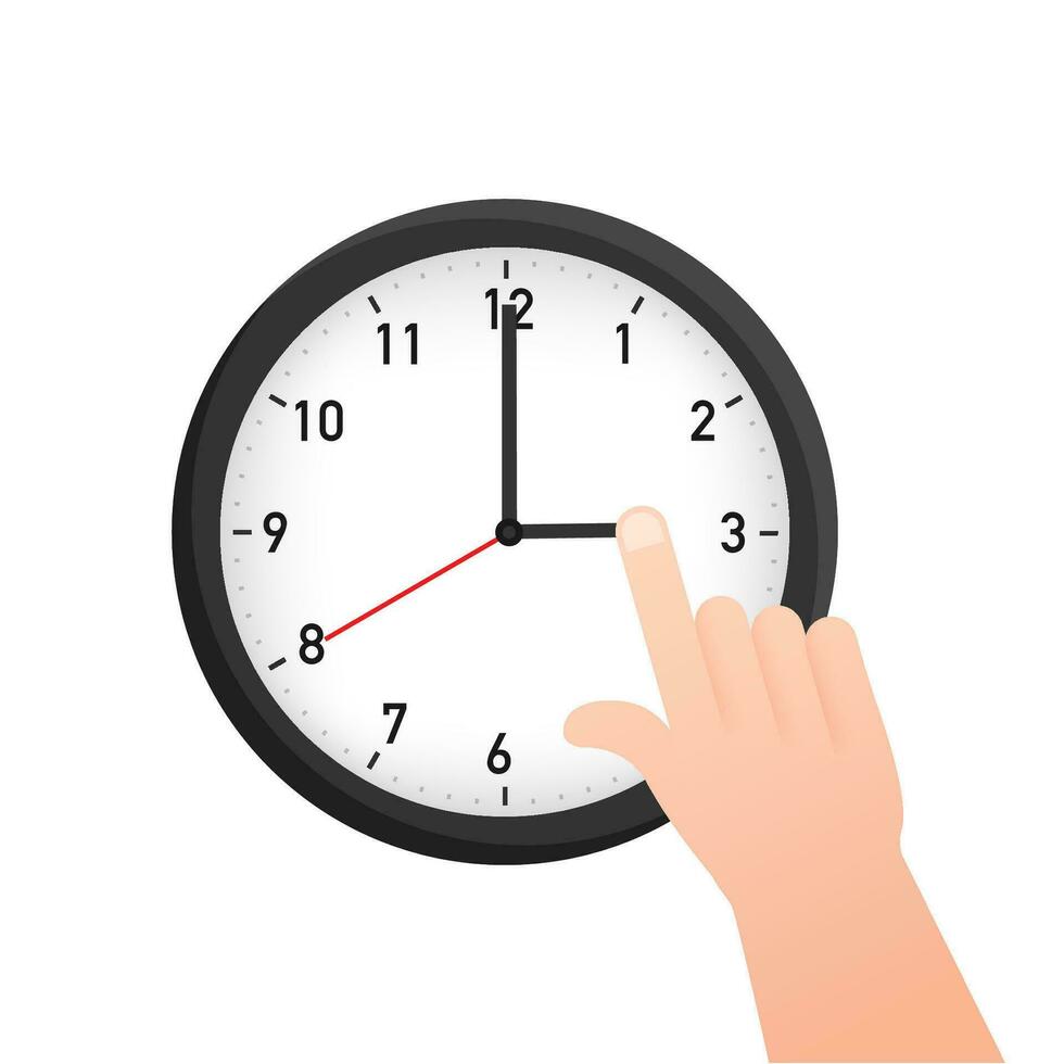 Finger pointing on the clock. Hurry up. Deadline. Time is ticking. vector