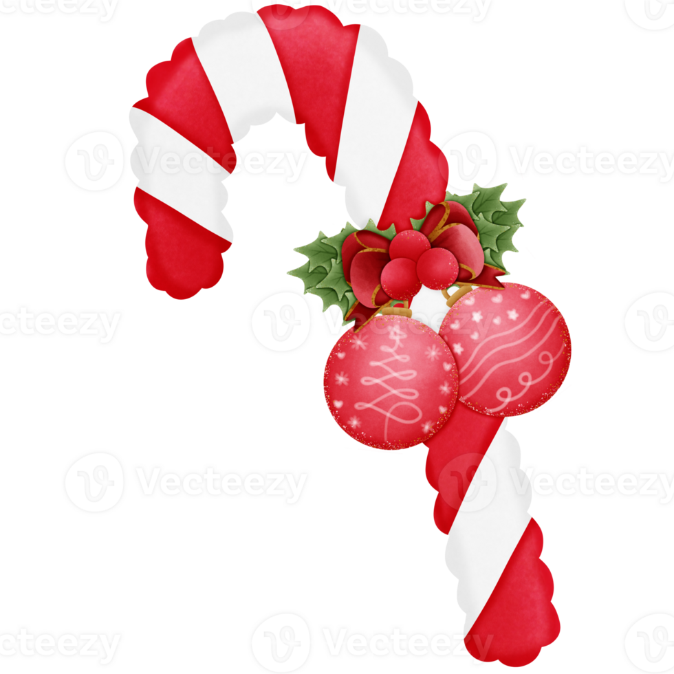 Red christmas candy cane with holly bow and ball isolated on transparent background png