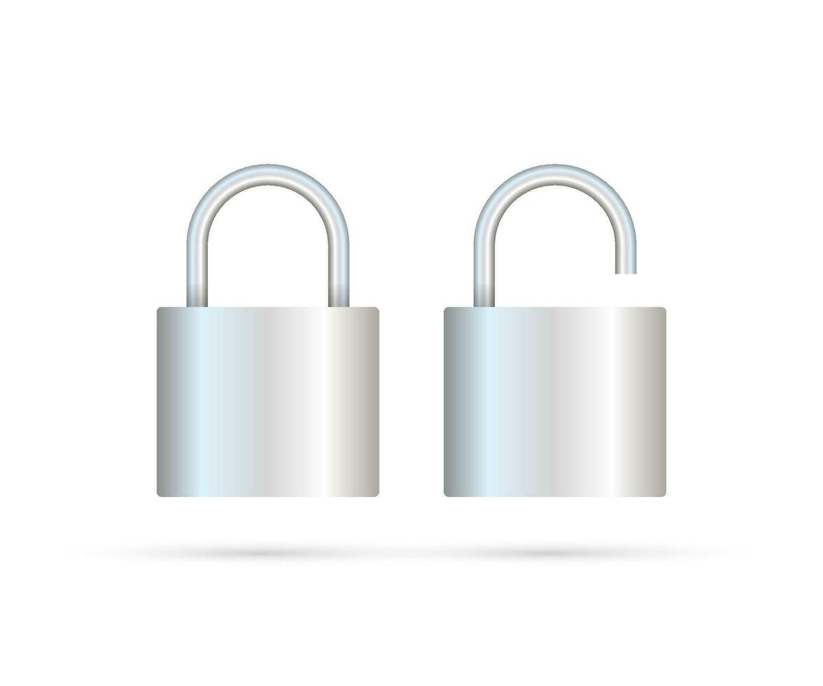 Locked And Unlocked Padlock Realistic. Security Concept. Metal Lock For Safety And Privacy vector