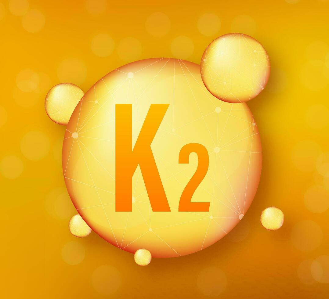 Vitamin K2 gold shining icon. Ascorbic acid. Vector illustration