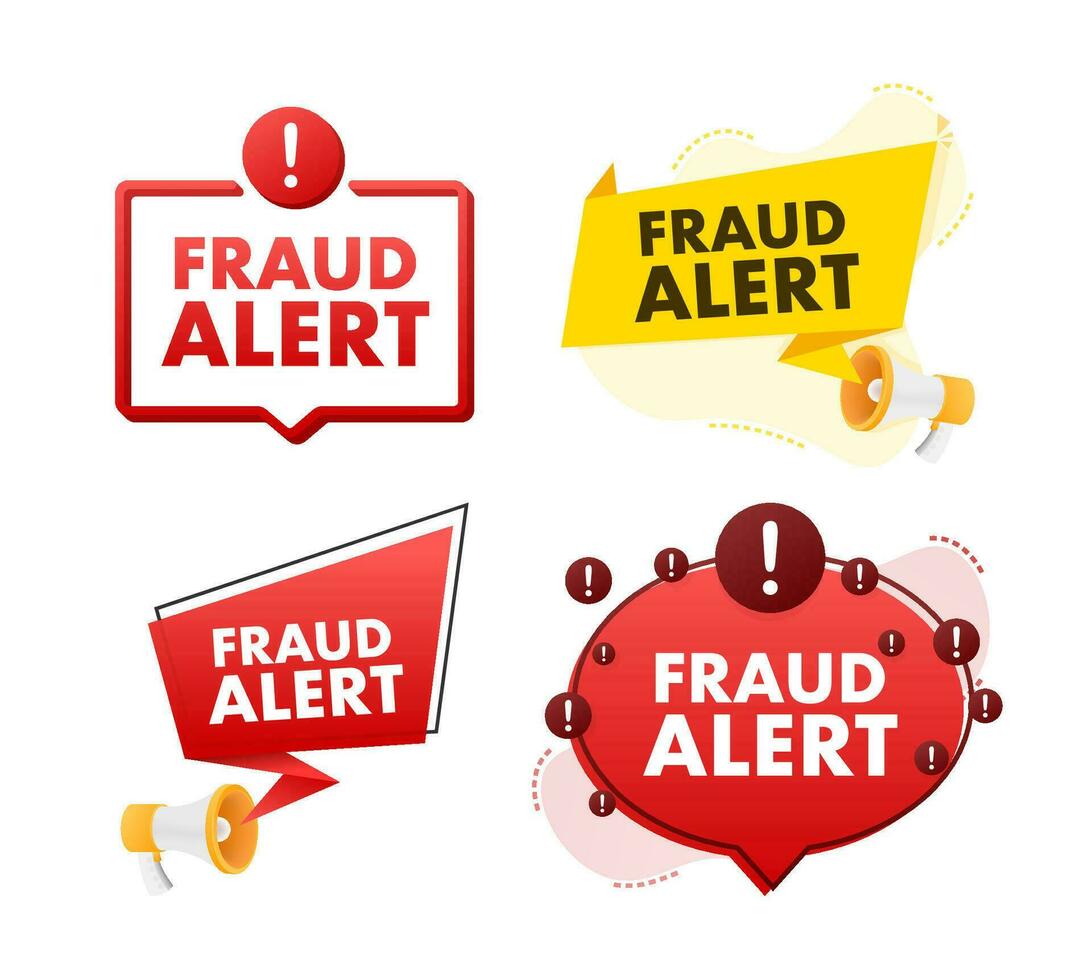 Megaphone label set with text Fraud alert. Megaphone in hand promotion banner. Marketing and advertising vector