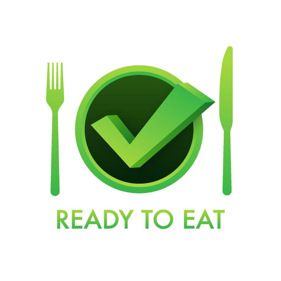 Ready to eat meal sign, label. Precooked food. Vector stock illustration