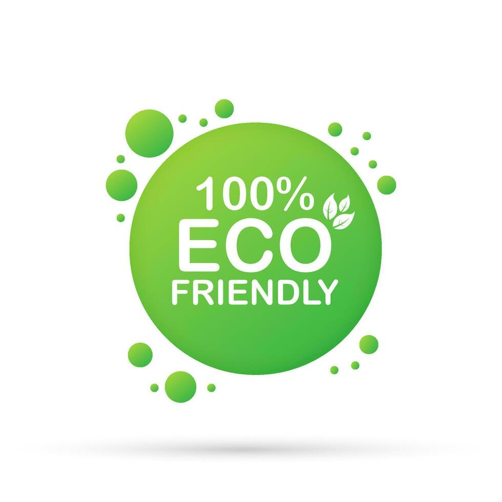 100 Eco friendly green leaf label sticker. Vector stock illustration.