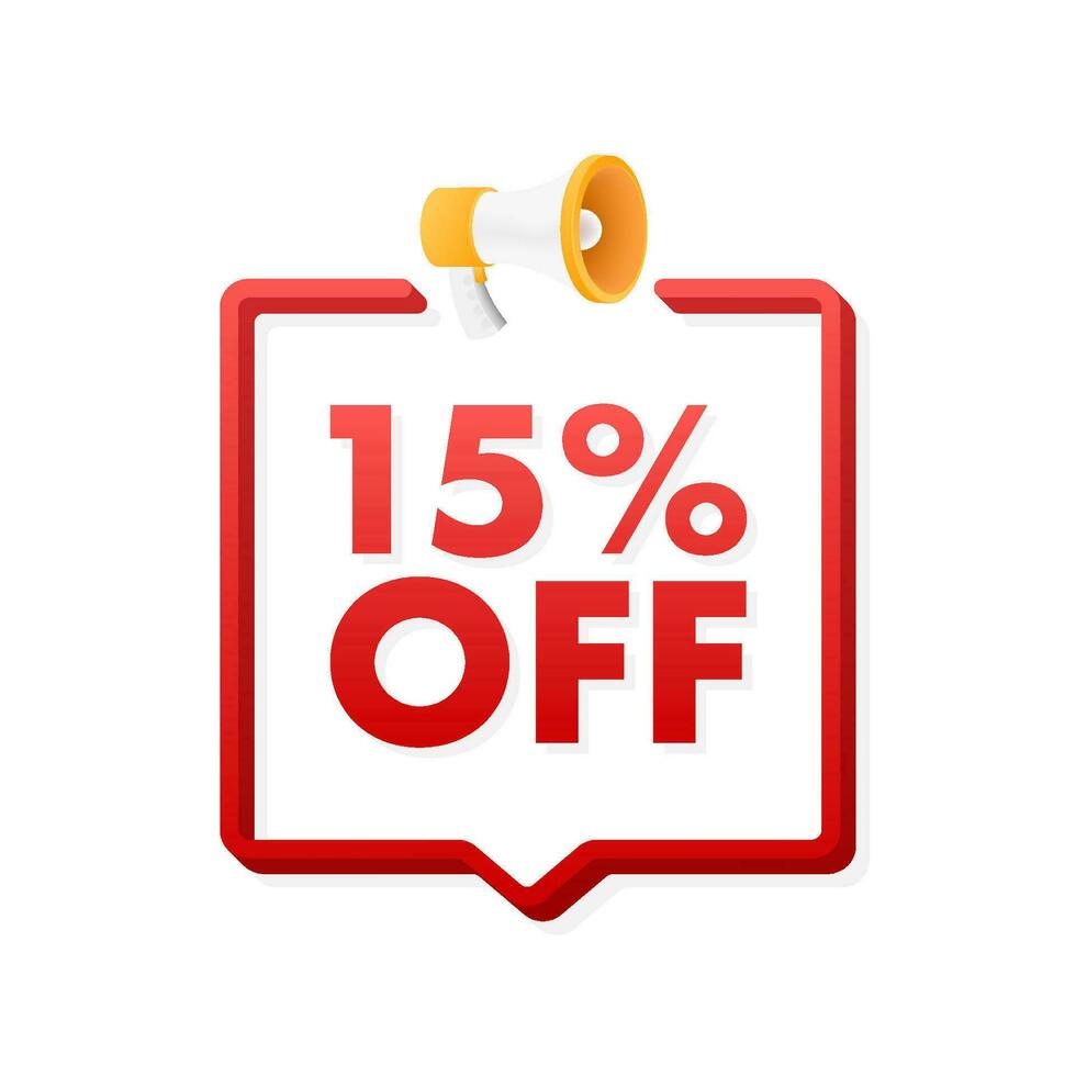 15 percent OFF Sale Discount Banner with megaphone. Discount offer price tag. 15 percent discount promotion flat icon. Motion graphics 4k vector