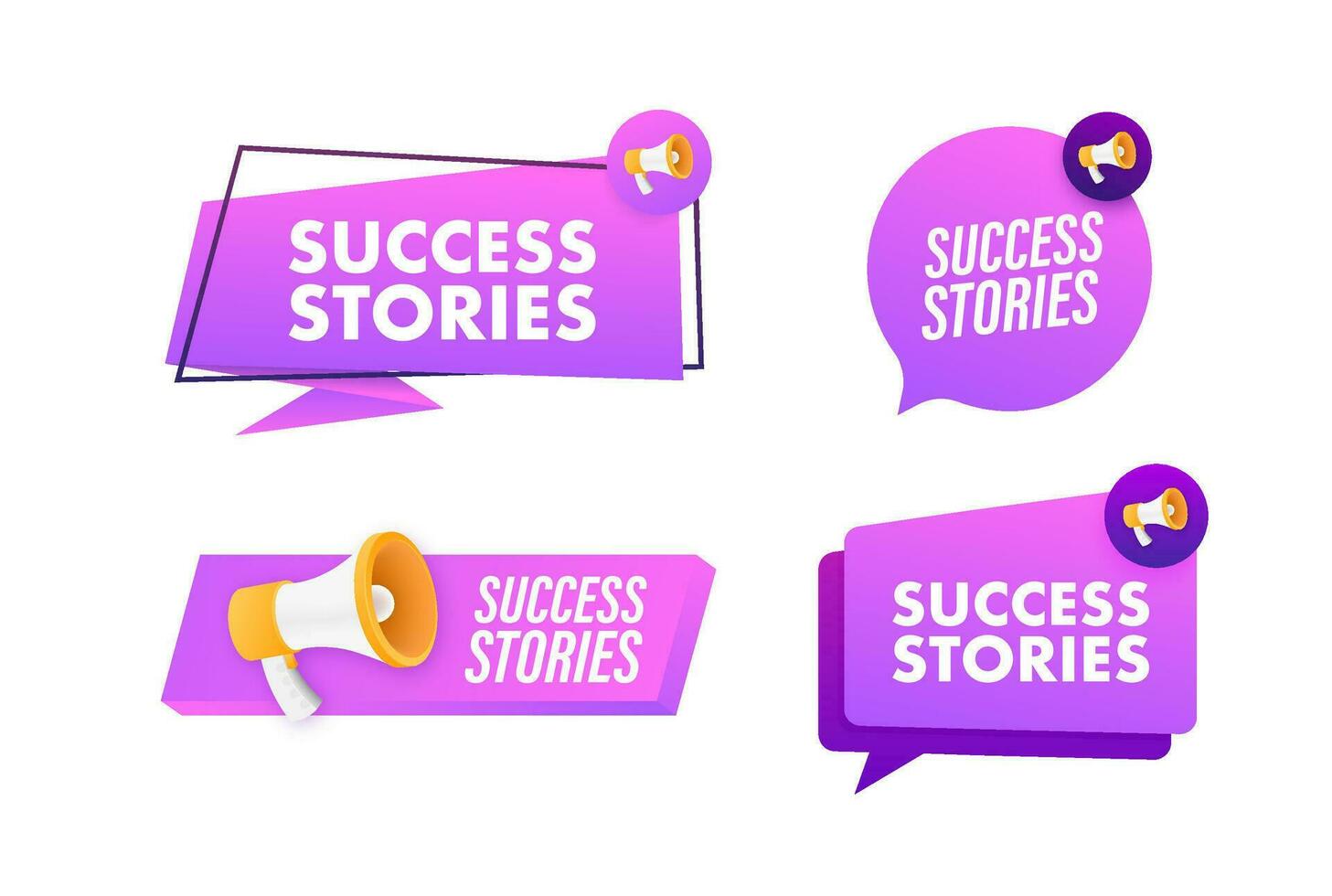Megaphone label set with text Success stories. Megaphone in hand promotion banner. Marketing and advertising vector