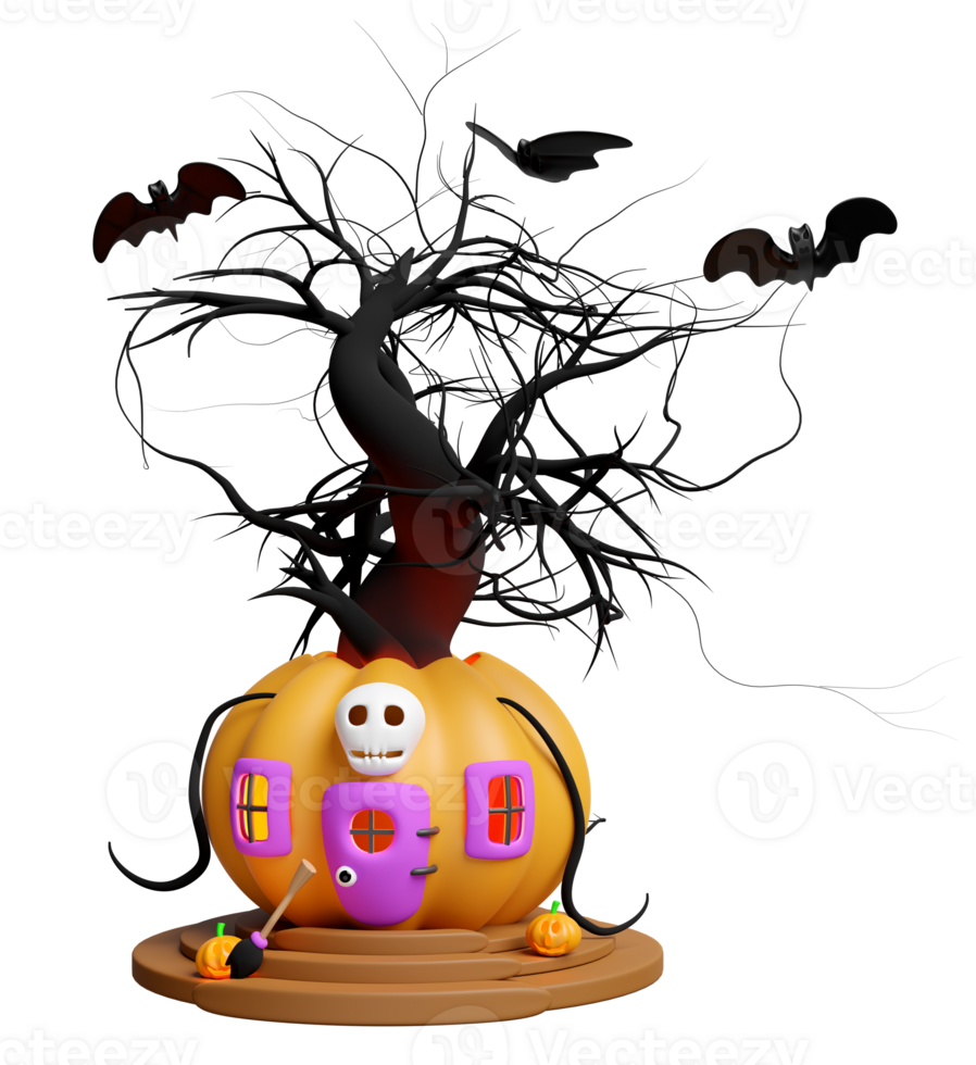 3d halloween vakantie partij met pompoen huis, boom, vleermuizen, gesneden pompoen Aan de trap geïsoleerd. 3d geven illustratie png