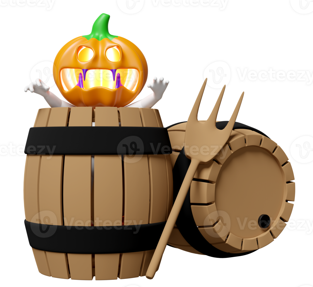 3d halloween holiday party with pumpkin head man in wooden bucket, fork isolated. 3d render illustration png