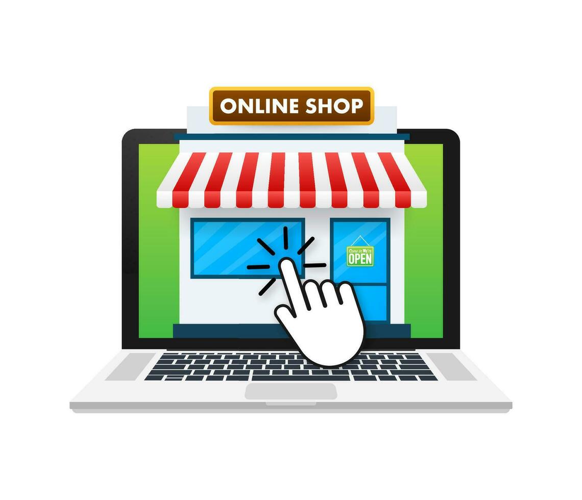 compras en línea en sitio web. en línea almacenar, tienda concepto en ordenador portátil pantalla. vector ilustración.